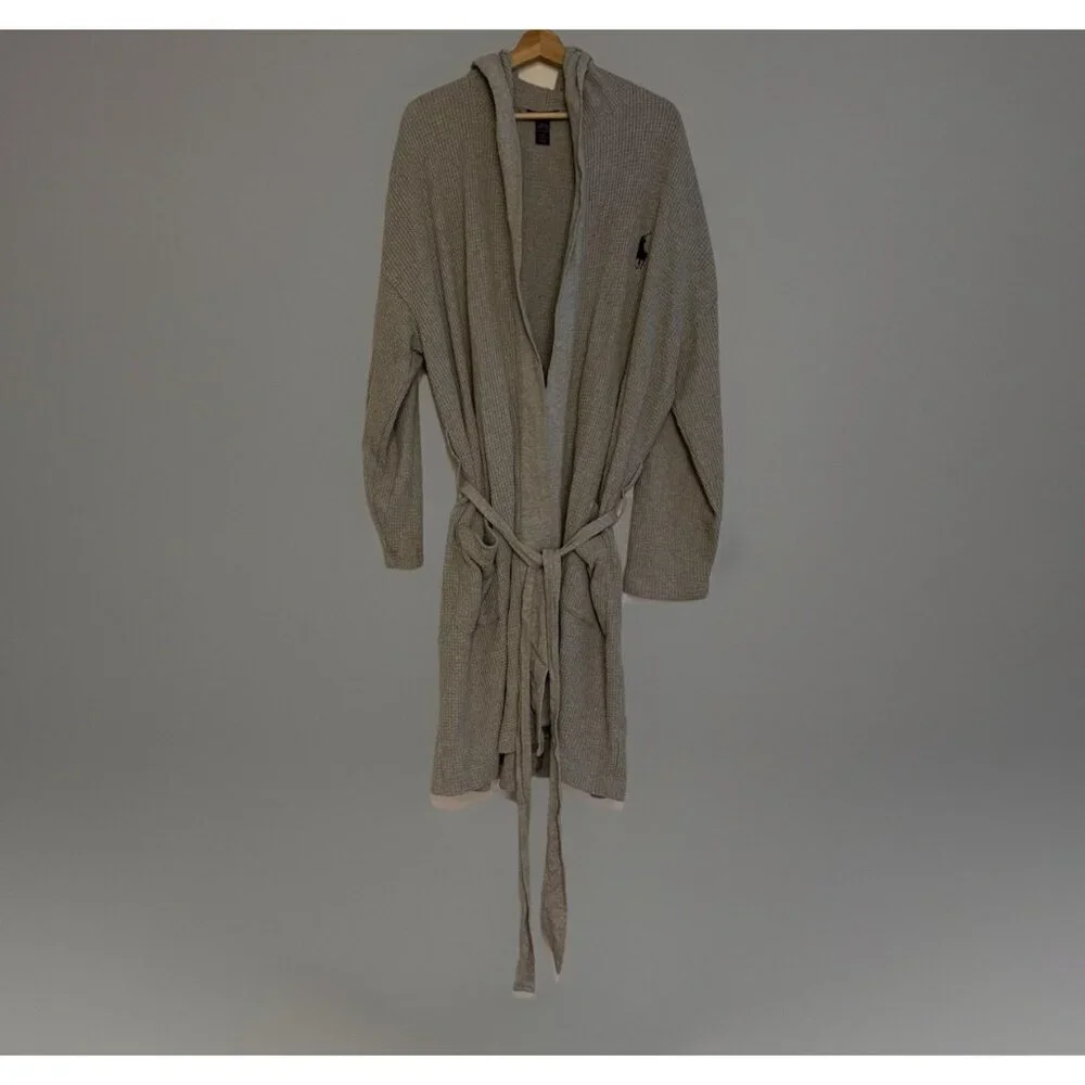 Polo Ralph Lauren Men's Hooded Thermal Robe Waffle Knit Beltes Pockets L XL Gray